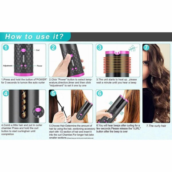 Portable Automatic Hair Curler, Ceramic Rotating Wireless Auto Curling Iron Wand, Portable USB Rechargeable Spin Curler For Hair Styling - Image 8